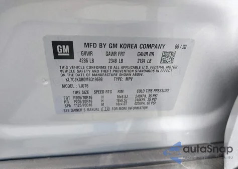 2021 Chevrolet Trax Fwd Ls из США, поврежденный, VIN KL7CJKSB0MB319698